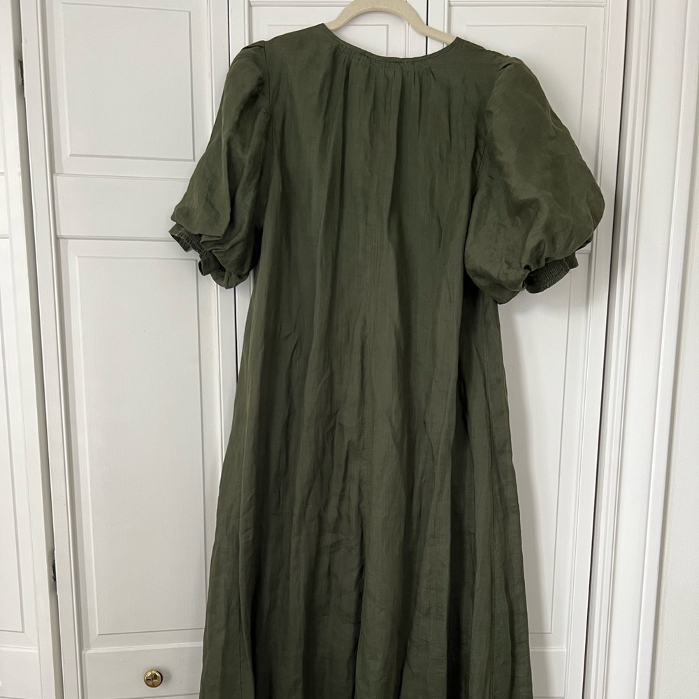 FRAME moss green tie neck front puff sleeve linen maxi dress - Picture 2 of 9